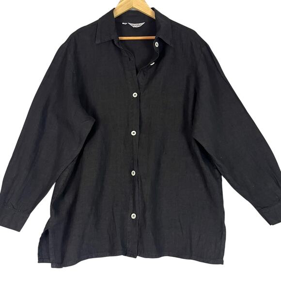 Liz and Jane Black Linen Tunic Womens 0X Lagenlook Relaxed Coastal Button Down - Picture 1 of 10